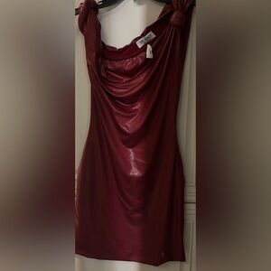 The Attico Satin Knot-Shoulder Dress in Burgundy